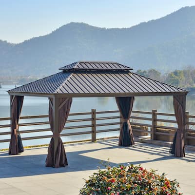 Outsunny 16' x 12' Hardtop Patio Gazebo Canopy Outdoor Pavilion with Galvanized Steel Frame, Netting Sidewalls, Curtains