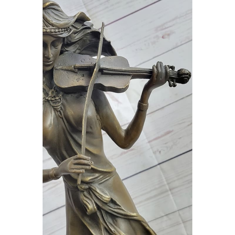 Female Violinist Violin Player Musician Bronze Sculpture Statue Figure On Marble Base