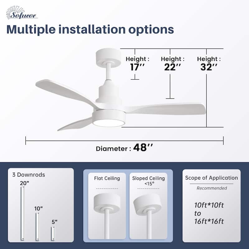 Sofucor 48 Inch Ceiling Fan with Light and Remote,Solid Wood Blades Low Profile,Smart Optional Work with Alexa/Google/App