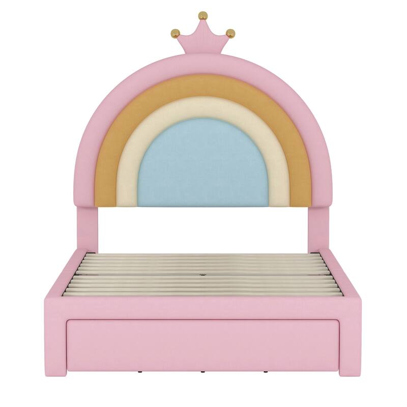 Twin/Full Size Upholstered Rainbow Design Bed, Velvet Princess Platform Bed with Storage Drawer