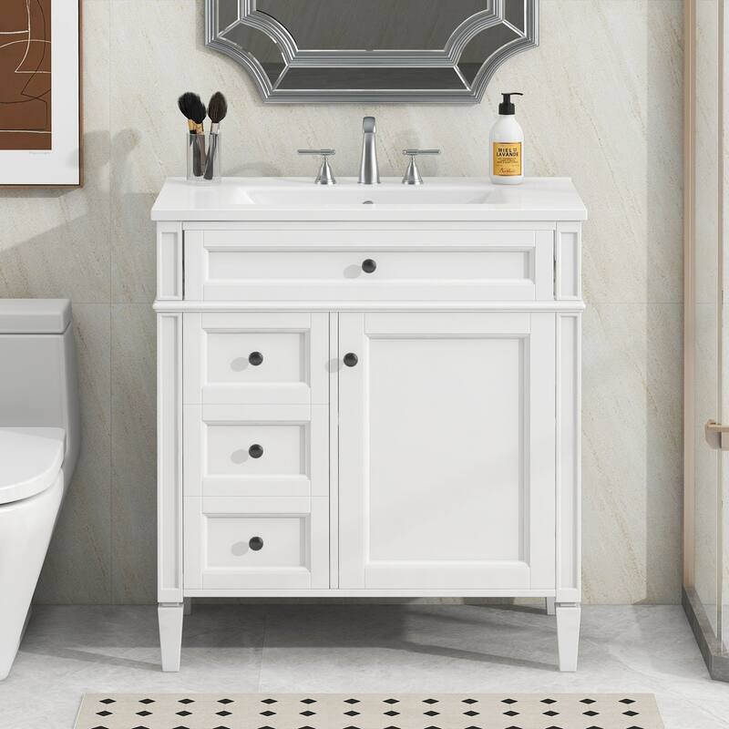 30-Inch Modern Bathroom Vanity with Ceramic Sink, 3 Drawers, Storage Cabinet, and Soft-Close Doors