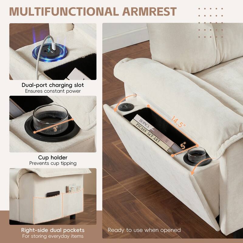 104*60" Sectional Sofa, L-Shape with Multifunctional Armrest, Dual-Port Charging, Cup Holder