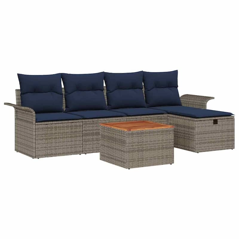 vidaXL 6 Garden Sofa Set with Cushions Black/Grey Poly Rattan - 98.8 x 46.1 x 27.2