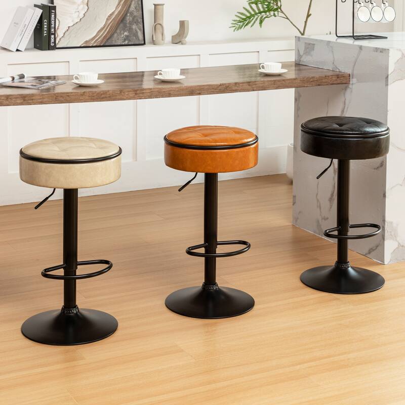 Round Storage Bar Stool Set of 2, Swivel Counter Height Chairs with Metal Frame, Faux Leather Armless Bar Chair