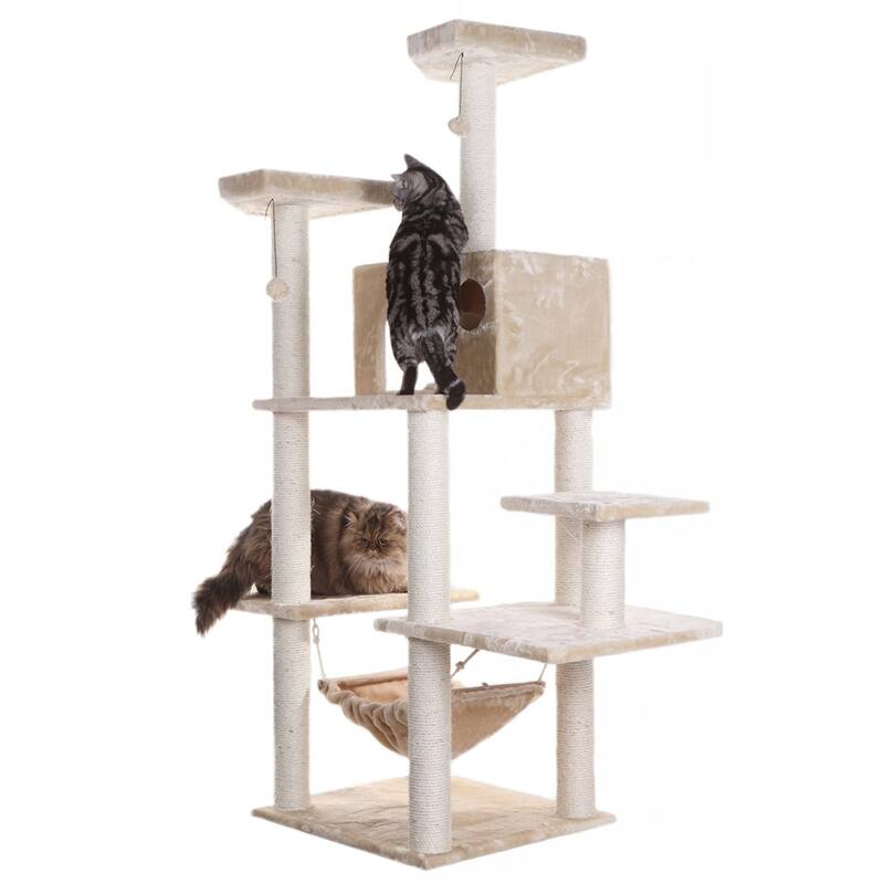 72" Beige Real Wood Cat Tree With Spacious Condo, Scratching Post
