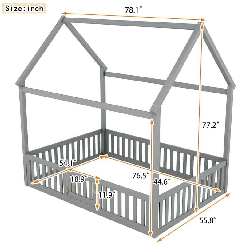 Full Pine House Bed with Fence and Door