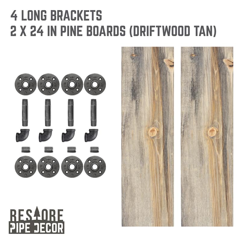 Restore Wood 24 in. Wall Shelf, L-Shape Steel Pipe Brackets, Set of 2