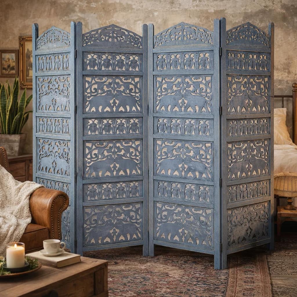 Jumbo 4 Panel Folding Room Divider Screen, Antique Blue Mango Wood, Elephant Motif Carved Design