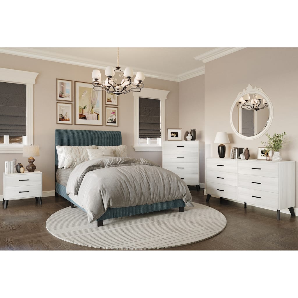 CraftPorch Corduroy 4-pieces Mid-Century Modern Light Blue Twin Size Bed with Light Grey Furniture Bedroom Set