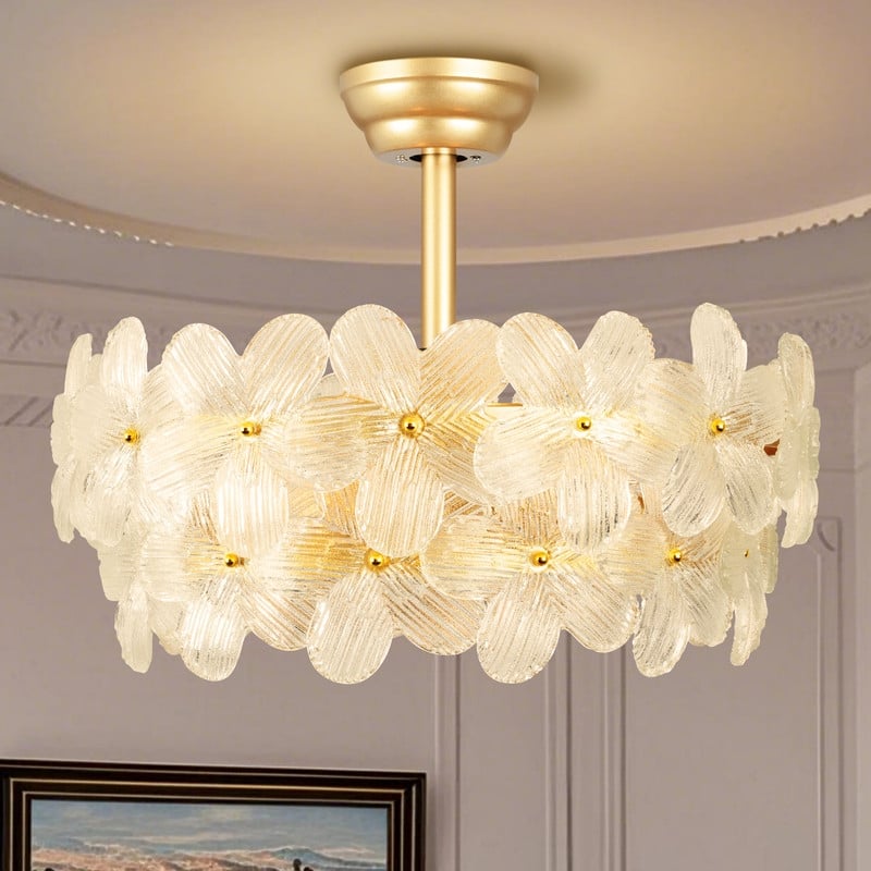 22 in. Indoor Gold Glass Flower Ceiling Fan with Light, Caged Fandelier with Remote Control, 6 Speeds for Bedroom