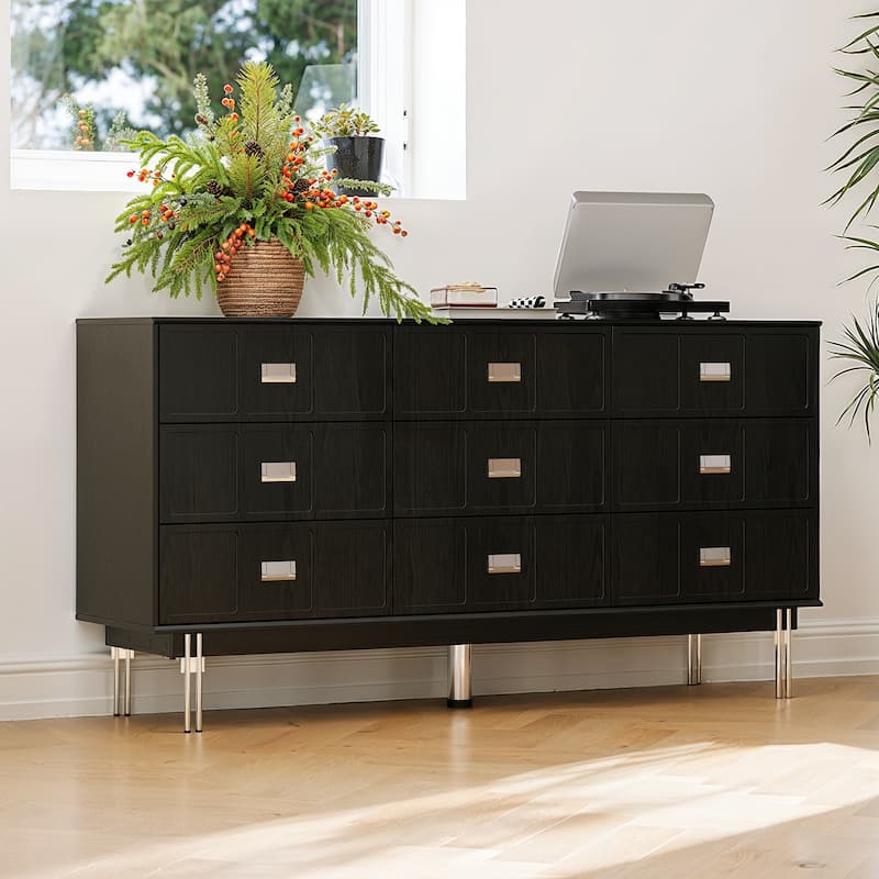 Large Black Dresser with 12 Drawers, 63” Storage Cabinet for Bedroom, Living Room or Entryway, Modern Buffet Sideboard