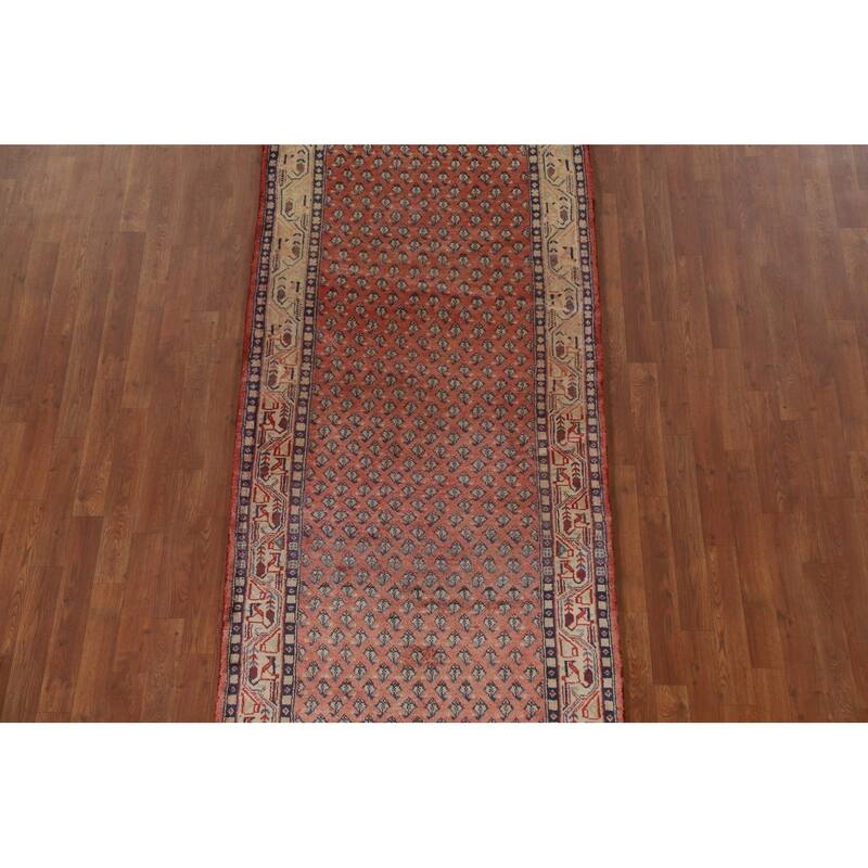 Hand Knotted Oriental 100% Wool Carpet Traditional All-Over Red Botemir Runner Rug - 10' 3'' X 3' 4''