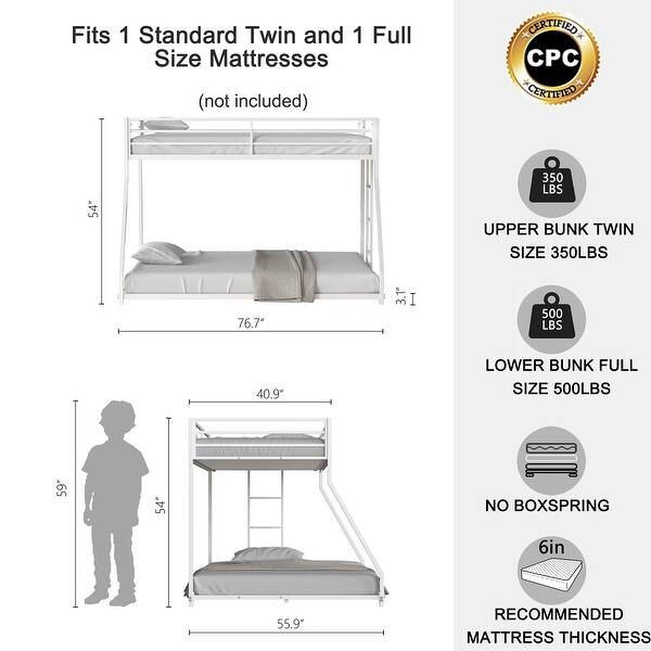 Classic Square Metal Bunk Bed Frame,Twin over Full Metal Bunk White for Kids and Adult