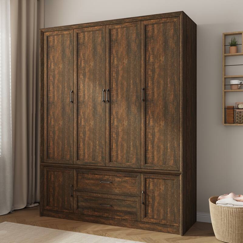 6 Doors Wardrobe Closet Armoire with Hanging Rail White/Brown Large Cabinet