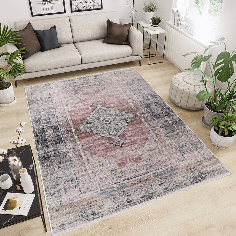 Anna Collection Traditional Beige/Red/Grey Area Rug - 5' X 7'7''