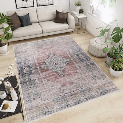 Anna Collection Traditional Beige/Red/Grey Area Rug