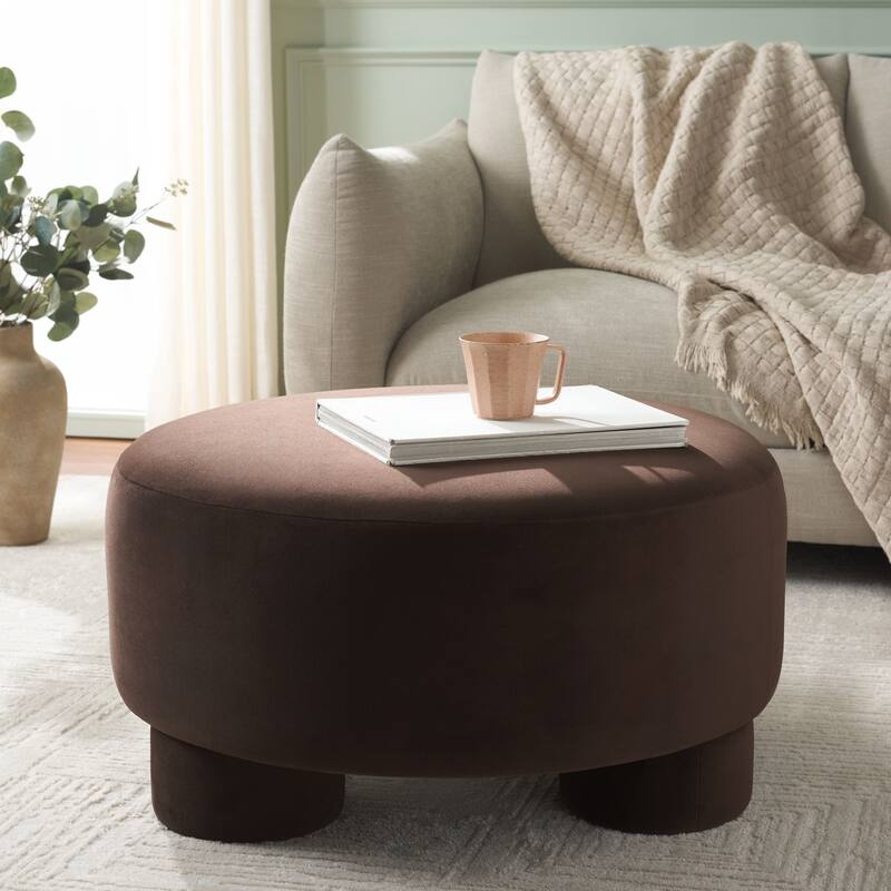 SAFAVIEH Naref Upholstered Round Cocktail Ottoman - Chocolate