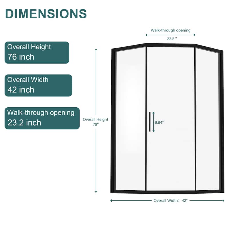 42" W x 76" H Diamond-shaped Corner Shower Door Space-Saving and Hassle-Free Access
