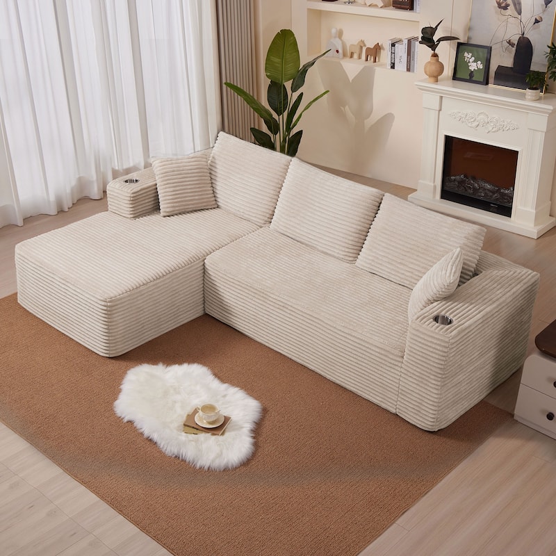 102.76" Corduroy Cloudy L Shaped Sofa with Chaise and Pillows