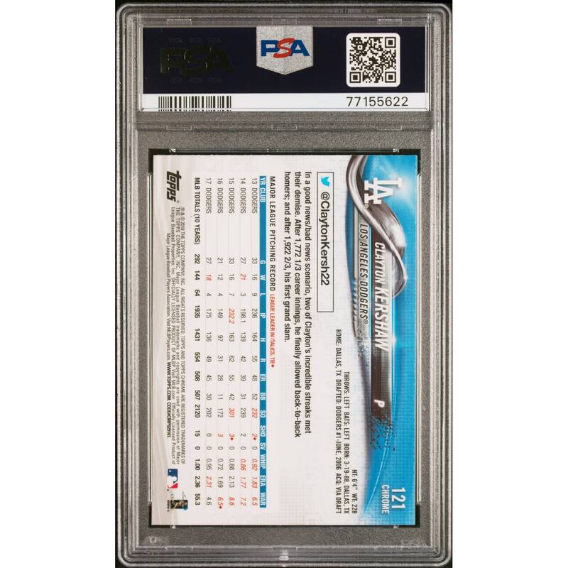 Clayton Kershaw 2018 Topps Chrome Prism Refractor Baseball Card #121 PSA 10 - 8'6" x 11'6"