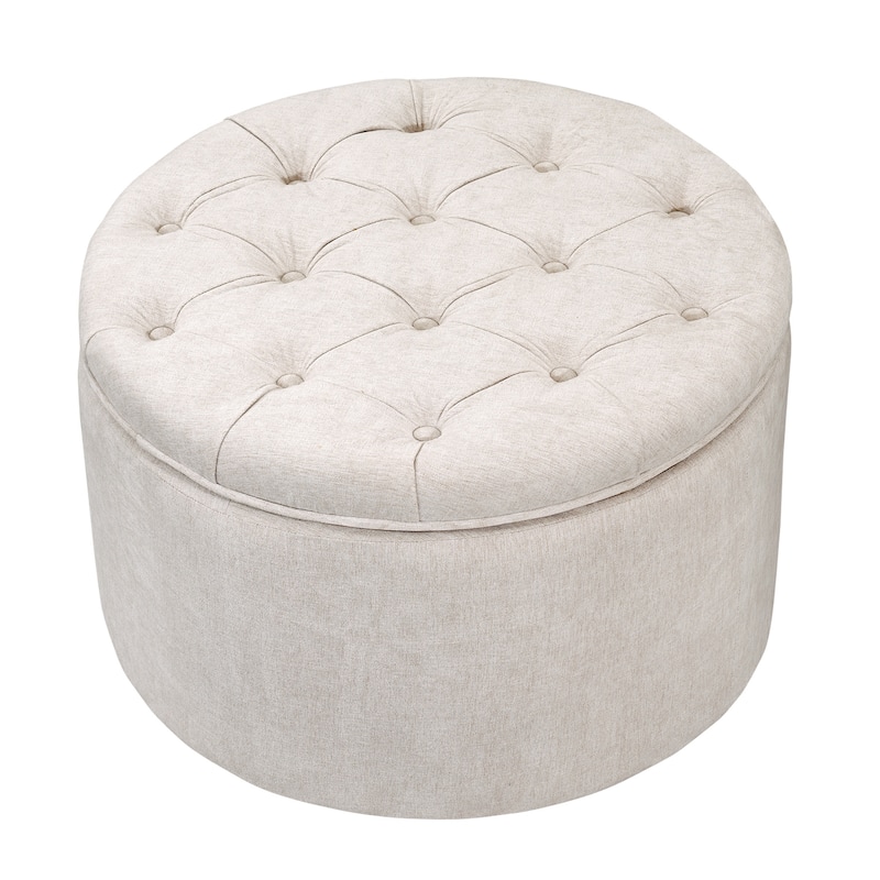 Adeco 24" W Round Tufted Storage Ottoman with Reversible Tray Lid