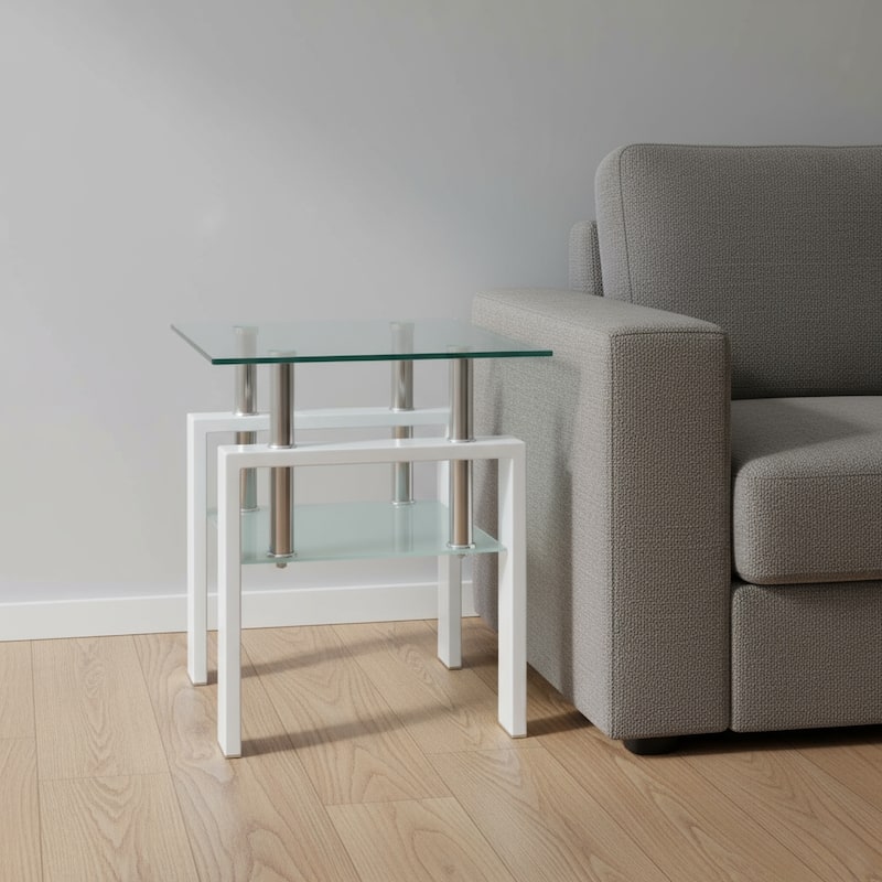 HomeRoots 20" Clear and White Glass and Metal Square End Table With Shelf - 17.71 in. x 20.47 in. x 17.71 in. - Clear - Glass