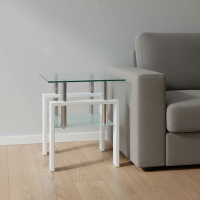 HomeRoots 20" Clear and White Glass and Metal Square End Table With Shelf - 17.71 in. x 20.47 in. x 17.71 in.