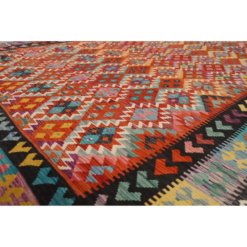 Orange Kilim Area Rug Hand-Woven Geometric Wool Carpet - 8'1" x 11'8"