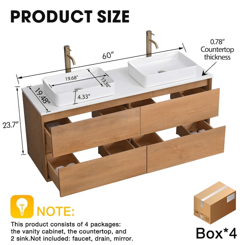 Sylphar 60 inch Toffee Oak Floating Bathroom Vanity with White Quartz Top
