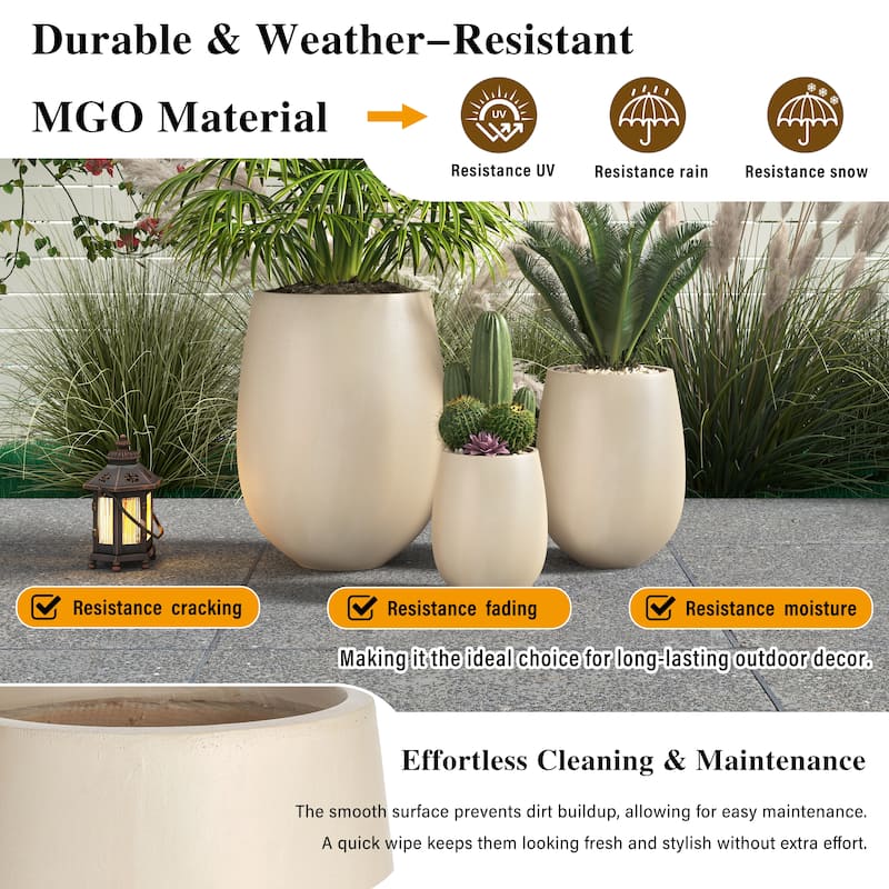 Lightweight Round MGO Outdoor Planter Set-3 Sizes (15.6"/10.74"/7.3"),Large Outdoor Indoor Flower Pots with Drainage Hole