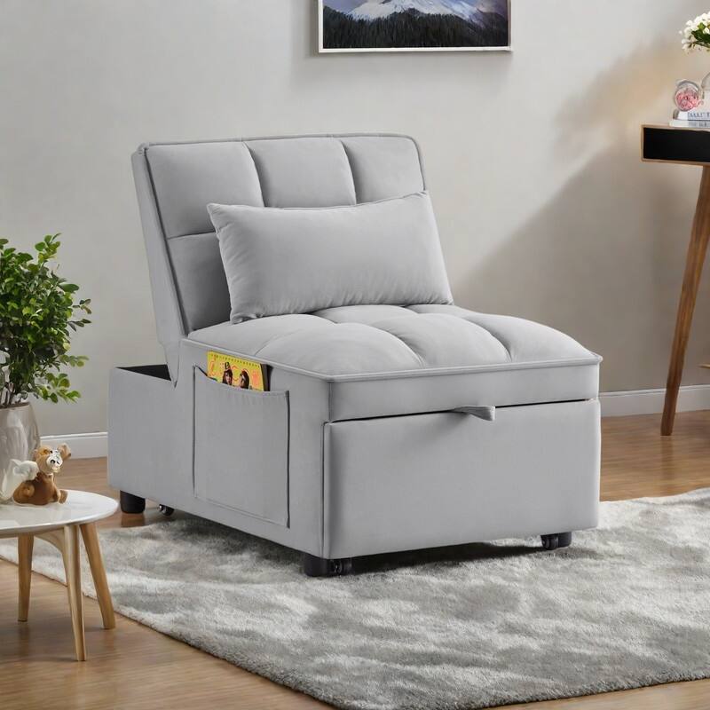 Velvet Multi-Function Chair Bed with Adjustable Backrest, Storage Pockets and Convertible Chaise Design - Gray