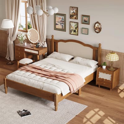 3-Piece Bedroom Set: Wooden Bed Frame, Vintage Nightstand, Makeup Vanity Set with Stool