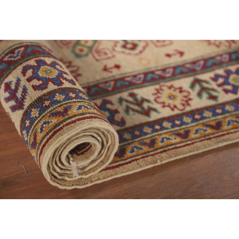 Geometric Kazak Runner Rug Hand-Knotted Yellow Wool Carpet - 2'10" x 13'0"