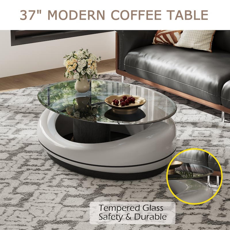 37" Modern Coffee Table, Tempered Glass Table top,Spaceship Shaped