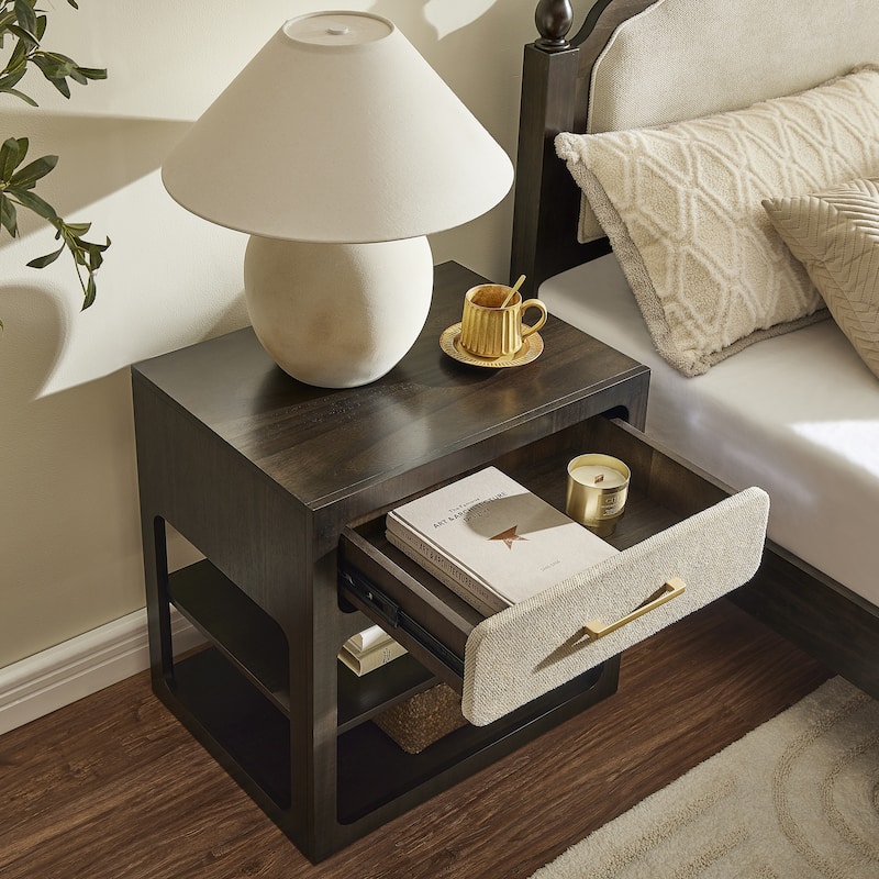 18" Modern Nightstand with Textured Fabric Drawer and 2-Tier Open Shelves