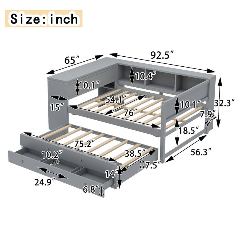 Wooden Daybed Frame with Pull Out Trundle and 3 Drawers, Platform Sofa Bed with Built In Desk and Shelves, No Box Spring Needed