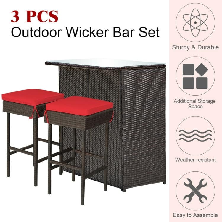 3-Piece Patio Rattan Wicker Bar Set with 2 Cushioned Stools for Outdoor Entertaining - 40" x 24" x 41.5" (L x W x H)