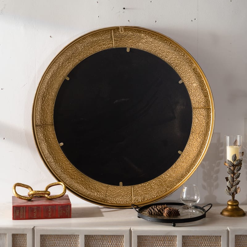 31.3" Hammered Gold Round Wall Mirror - Iron Frame & MDF Back Decorative Mirror, Rustic Accent Mirror - Golden