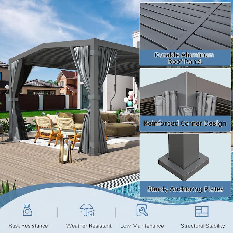 EROMMY Outdoor Louvered Pergola Gazebo with Adjustable Aluminum Rainproof Roof and Pull-Down Screen