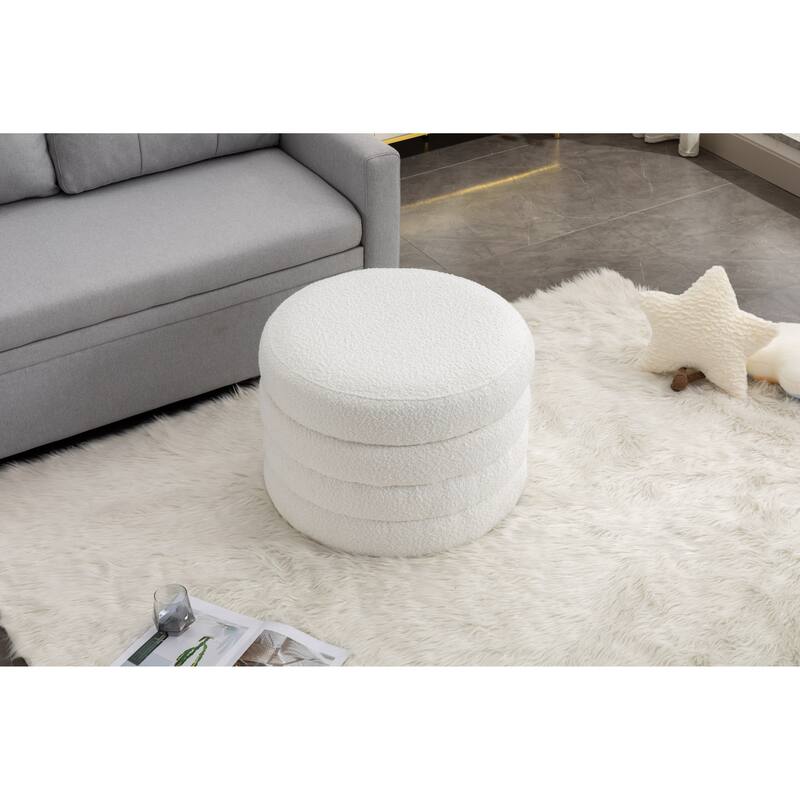 007-Boucle Fabric Storage Round Ottoman Footstool With Wooden Shelving