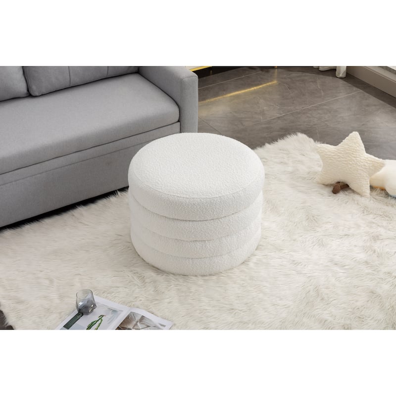 Boucle Fabric Storage Round Ottoman Footstool With Wooden Shelving,Ivory