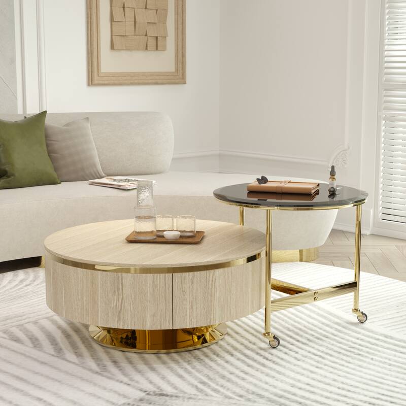 Nesting Coffee Table Set with End Table Round Coffee Table with 2 Storage Drawers - Original Wood and Gold