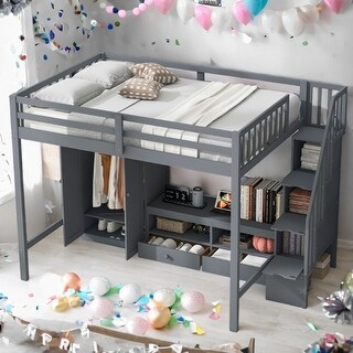 Full Size Loft Bed with Wardrobe,Storage Table and Storage Staircase
