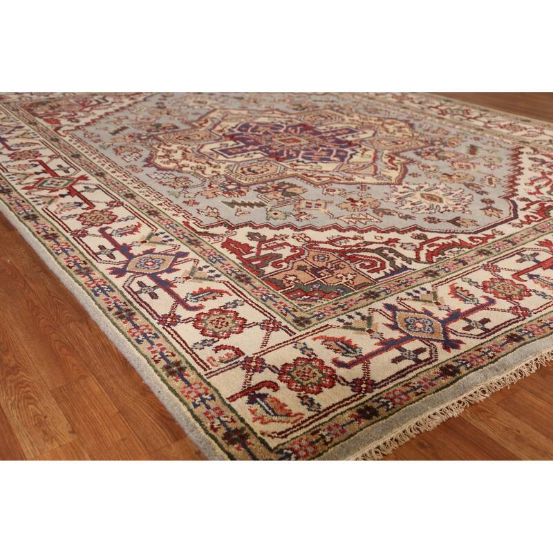Geometric Traditional Heriz Serapi Indian Rug Handmade Wool Carpet - 7'11" x 9'10" - 7'11" x 9'10" - Blue