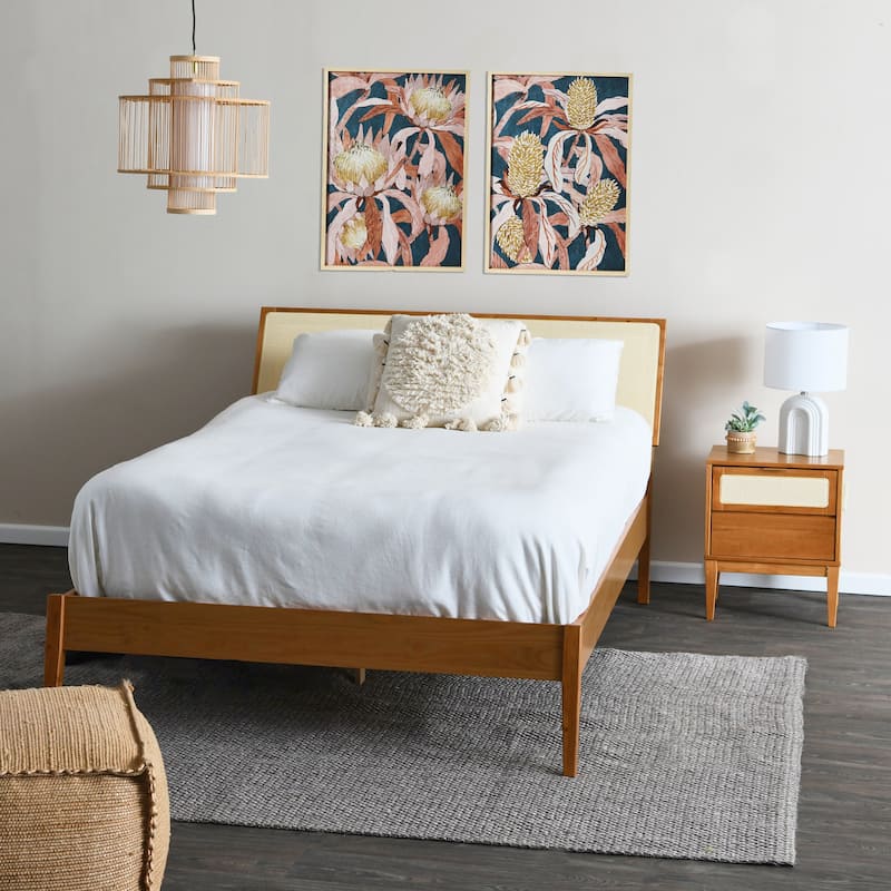 Crawford Solid Wood Bed with Woven Cane Headboard