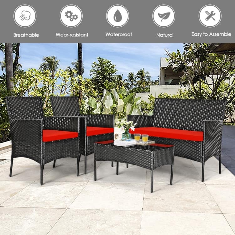 4 Pieces Patio Rattan Cushioned Sofa Set with Tempered Glass Coffee Table - 24" x 23.5" x 33" (L x W x H)