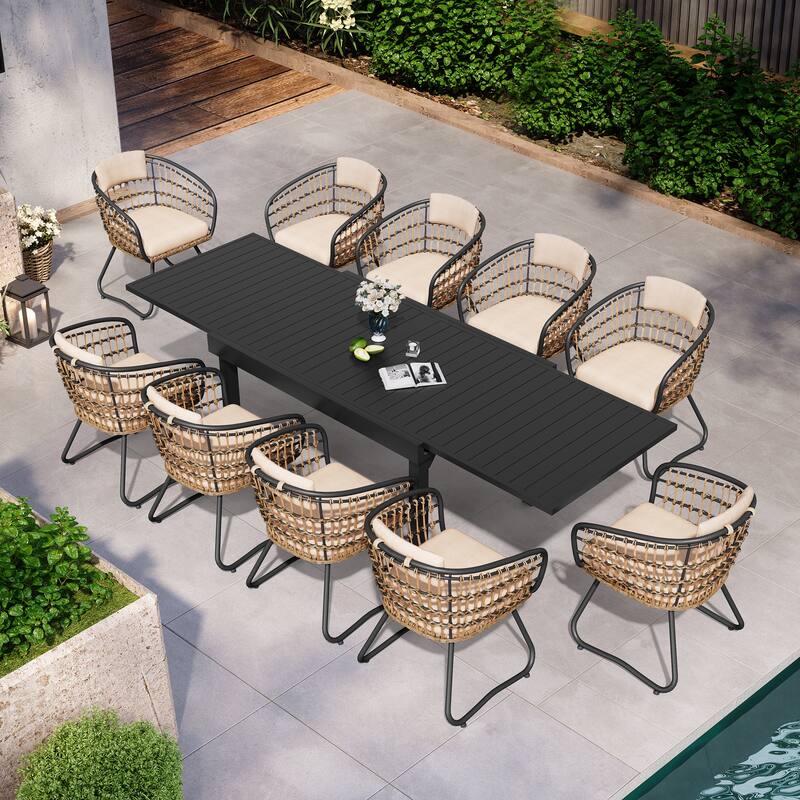 11PC Outdoor Aluminum Expandable Rectangle Patio Dining Sets Table with Rattan Chair - Table-Black&Chair-Beige