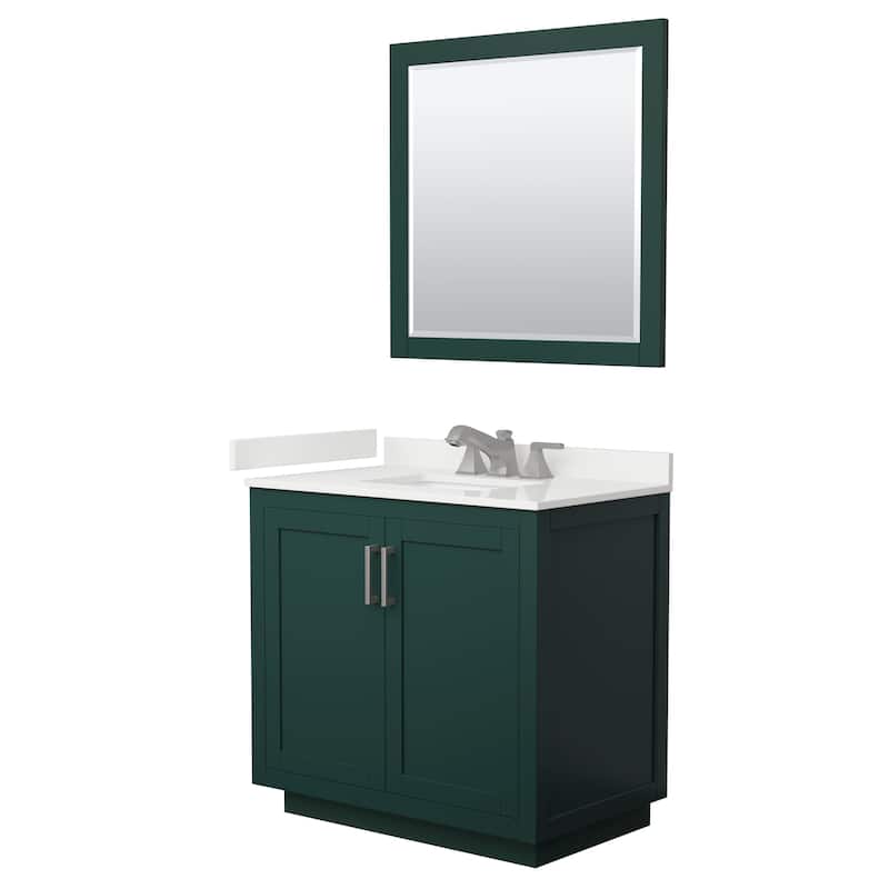 Miranda 36-inch Single Vanity, Quartz Top, 34-inch Mirror - Green, Nickel Trim, White Quartz Top