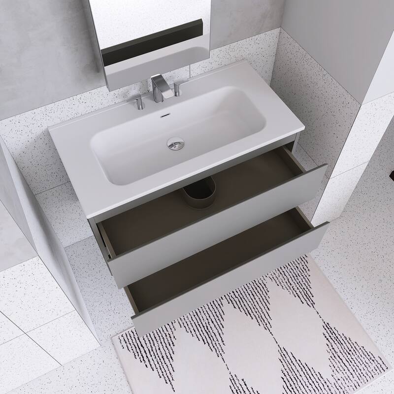 Floating Integrated Bathroom Vanity with Ceramic Sink, Three Faucet Holes