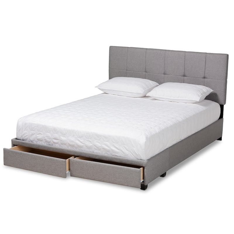 Queen Size Storage Bed with Drawers - Fabric Upholstered Platform Bed Frame - Grey, 2 Drawer
